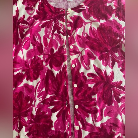 Garnet Hill Signature Merino Cardigan SZ M Fuchsia Magenta Abstract Floral - Picture 4 of 15